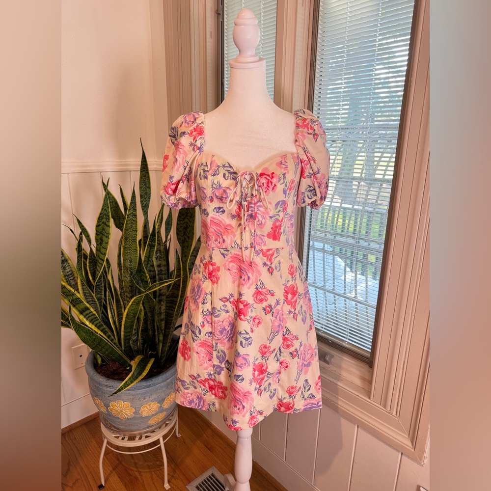 Zara Floral Puff Sleeve Lace Up Mini Dress